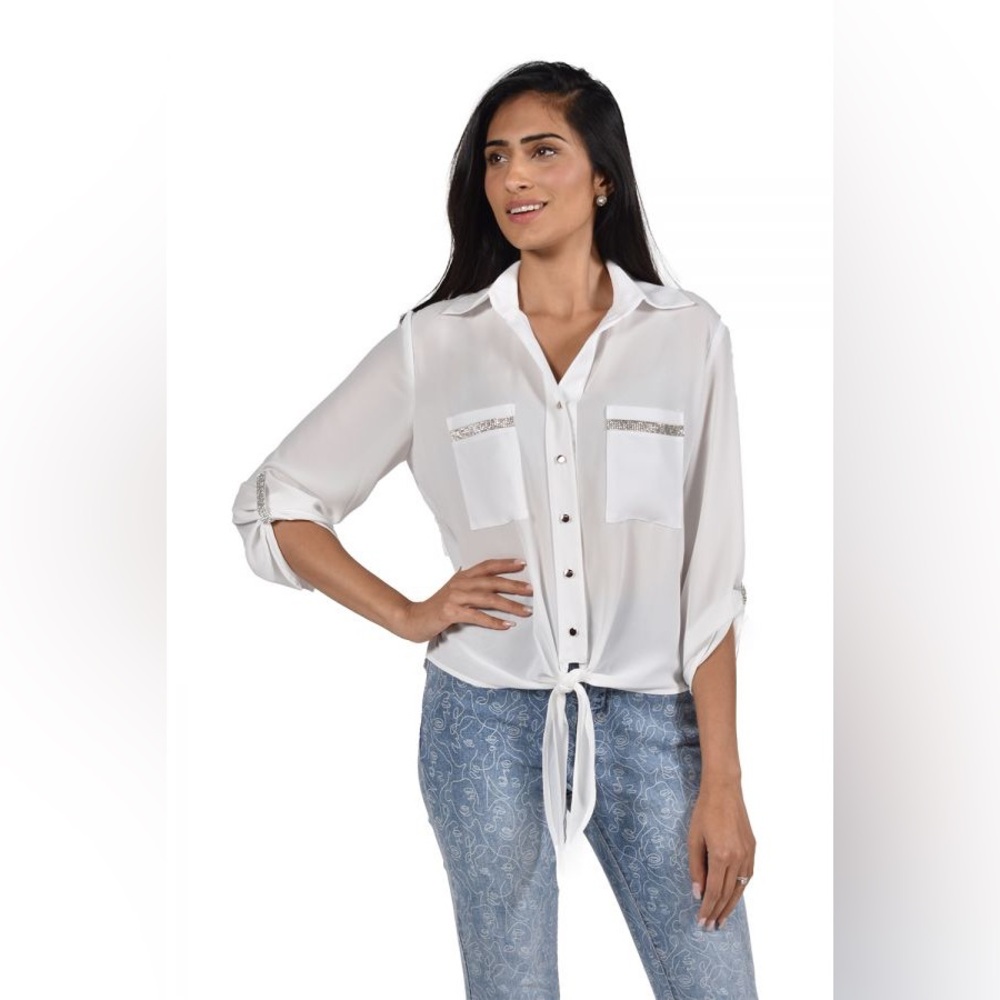 Frank Lyman Design White Button Down with rhinestone details Shirt size 6